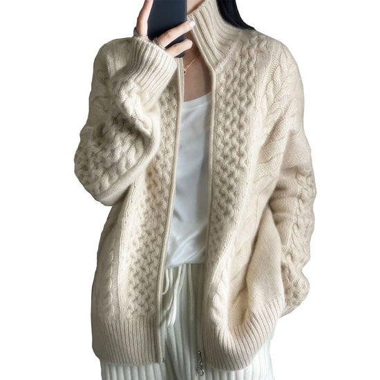 Thick Cashmere Women High Neck Zipper Sweater Cardigan