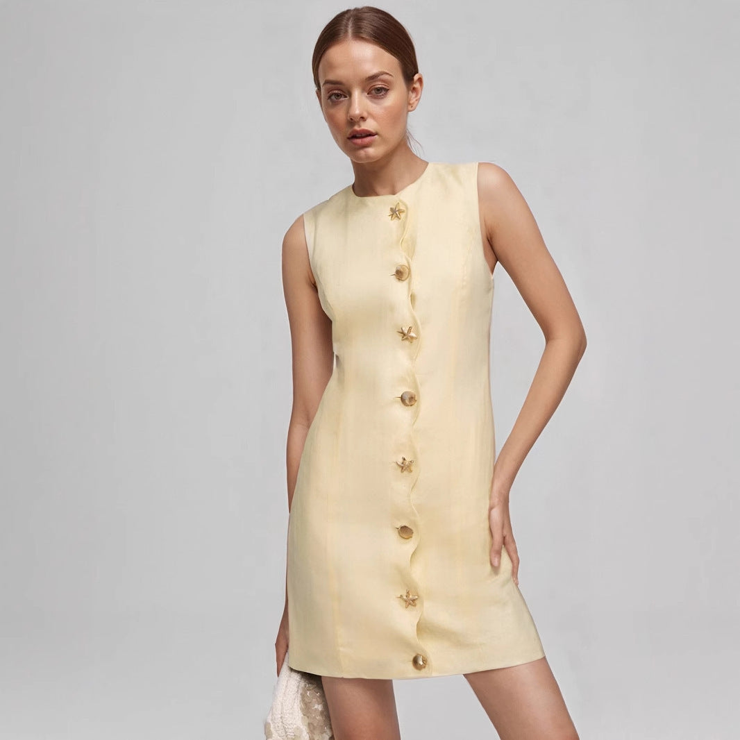 Intellectual Elegant Mini Skirt Summer Slim-fit Buttoned Sleeveless Socialite Skirt