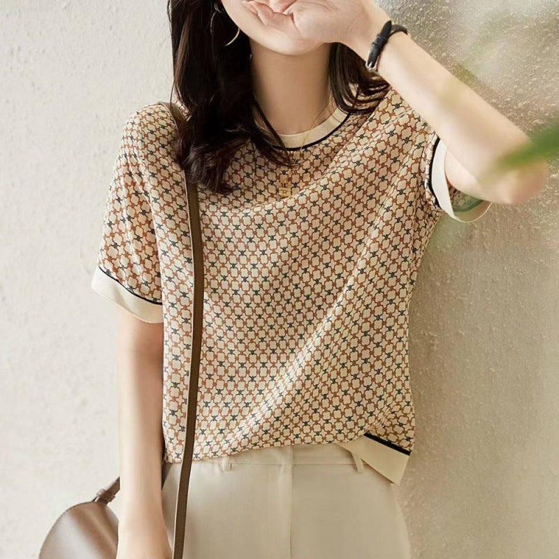 Artificial Silk Loose Slimming Ice Silk Top Printed Chiffon Shirt Fashionable Temperament Short Sleeve T-shirt