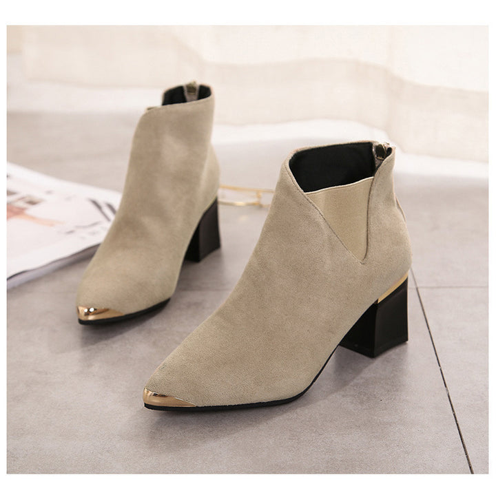 Women's New Fashion Metal Pointed Toe Mid-heel Short Boots Thick With Nude Boots In Stock