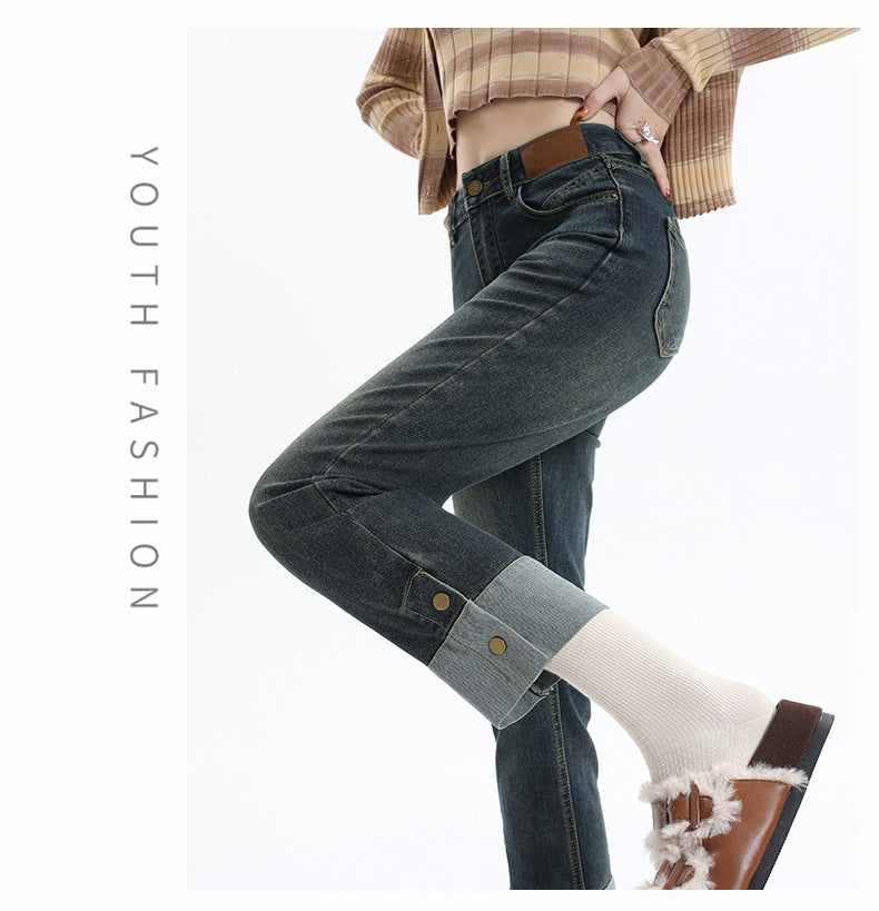Jeans Women's Flanging Straight Pants