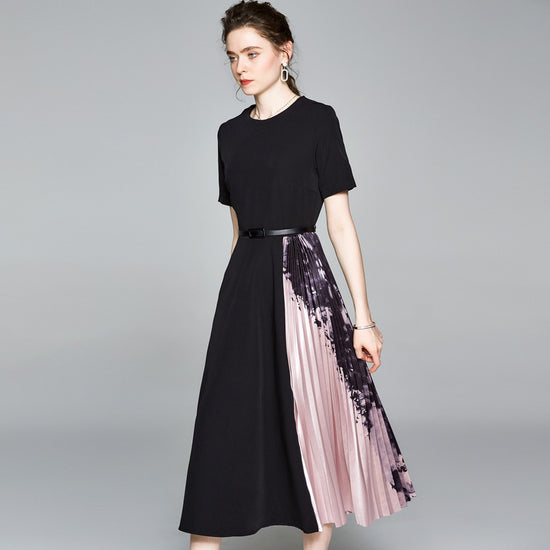 Women's Round Neck Short Sleeve Printed Stitching Pleated Dress
