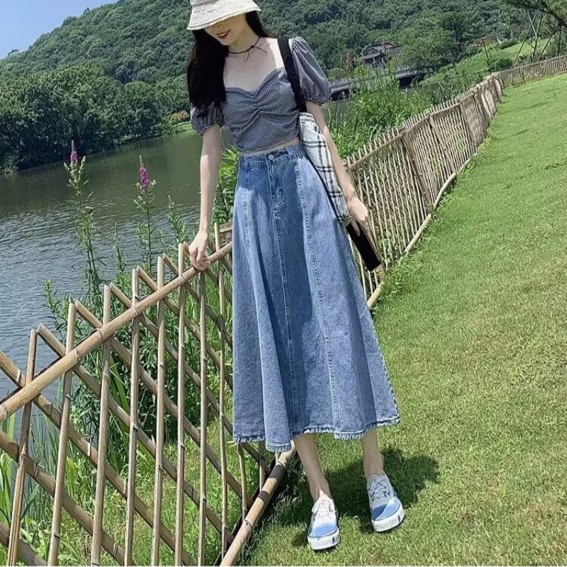 Denim A- Line High Waist Umbrella Skirt