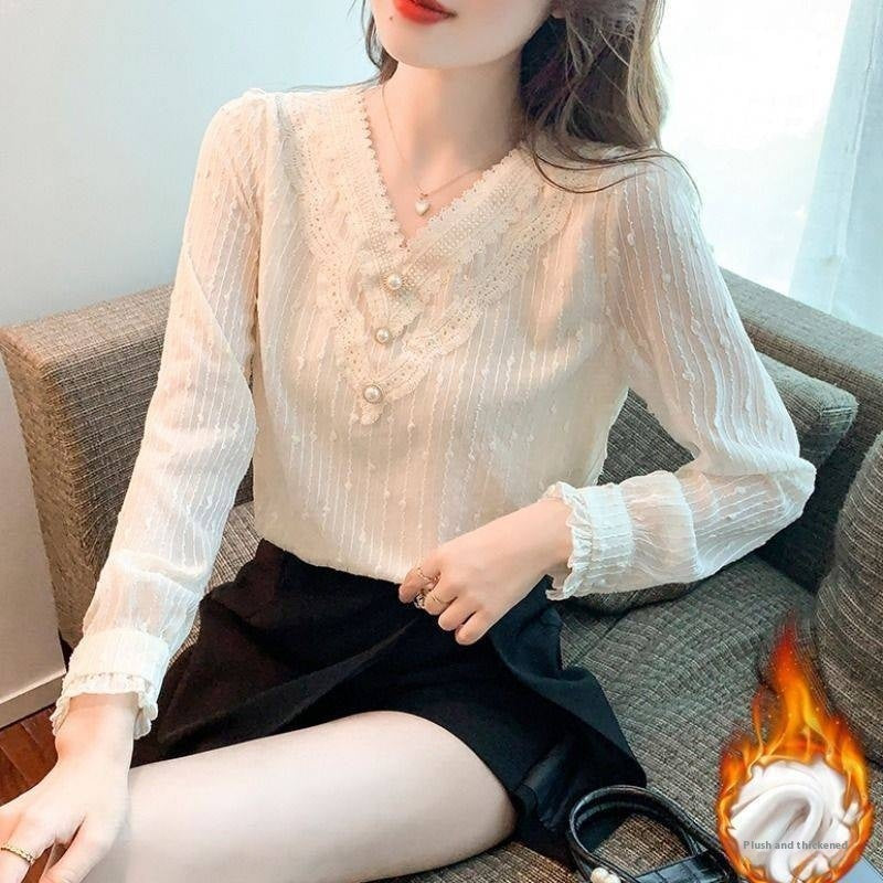 Western Style Fashion Inner Match Top Temperament Youthful-looking Chiffon Lace Shirt
