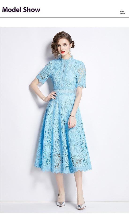 Women's French High-grade Lace Patchwork Round Neck Dress