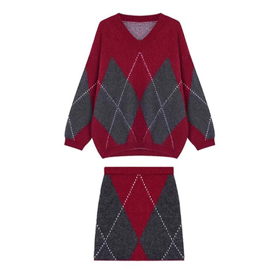 Fashionable Knitted A- Line Short Skirt Two-piece Set For Women