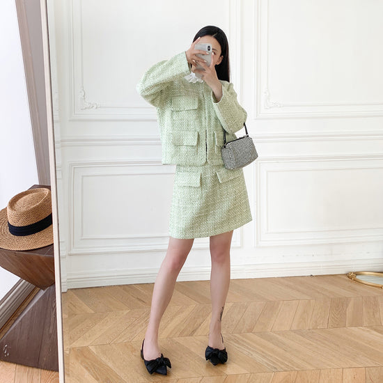 Light Green Tweed Glossy Lace Collar Jacket